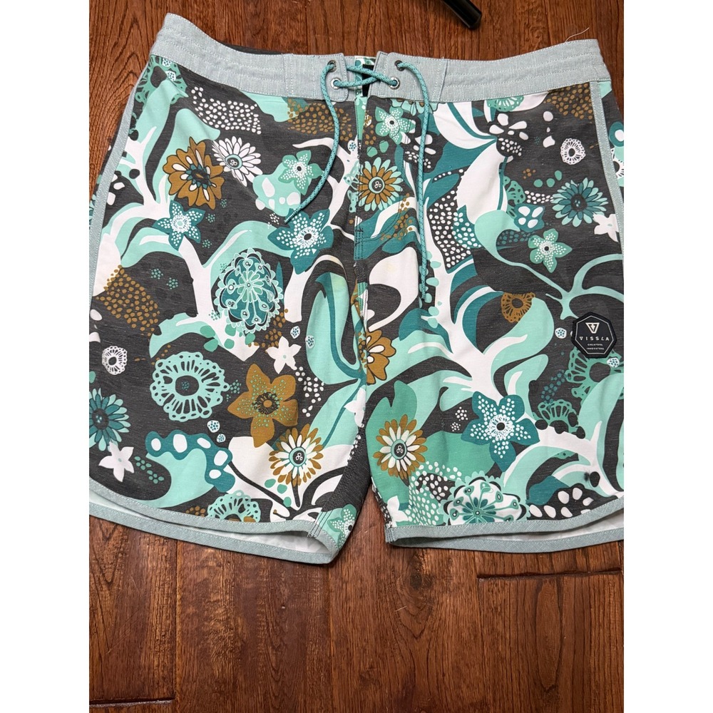 Vissla Mens Floral Board Shorts Teal Charcoal Upcycled Coconut Stretch  34